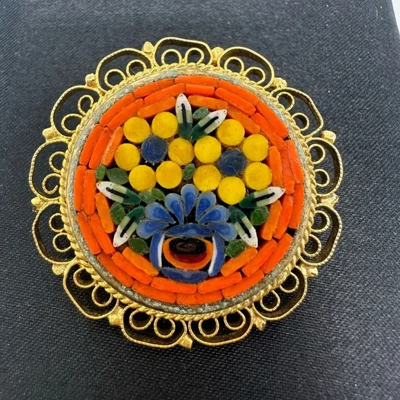 Vintage Italian Micro Mosaic Floral Brooch Scarf Hair Pin - Picture 4 of 9